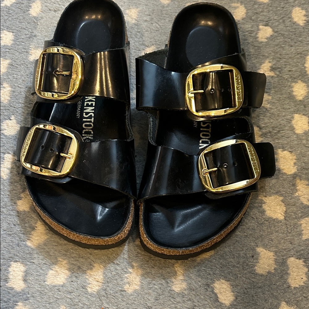 Birkenstock Black Patent Arizona Sandals with Gold Buckles - Double Strap